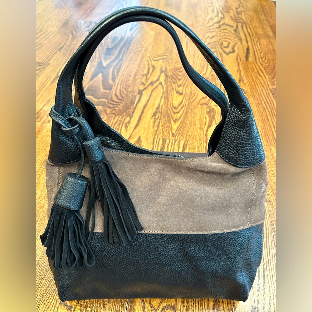 Sundance black and taupe leather hand bag purse with tassel
